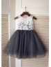 Ivory Lace Dark Gray Tulle Knee Length Flower Girl Dress